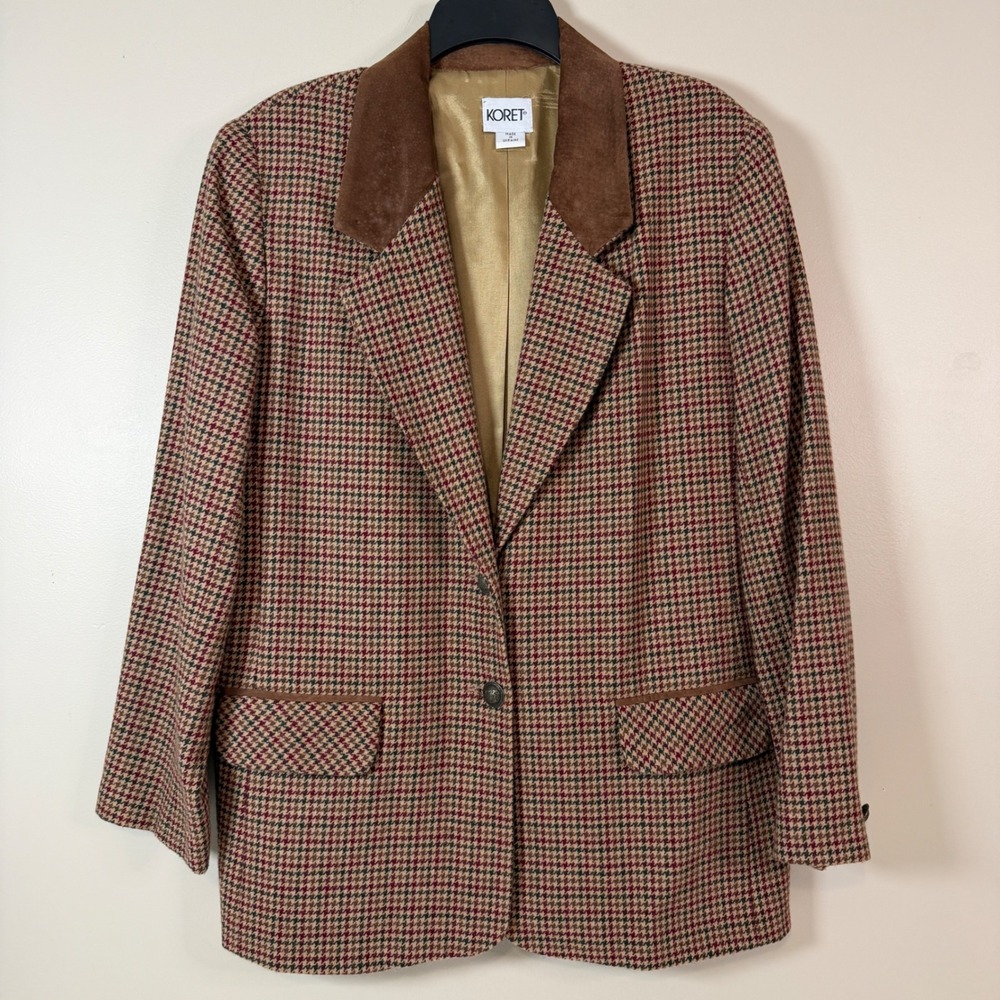 Koret Houndstooth Wool Suede Collar Vintage Professional Equestrian Preppy Retro